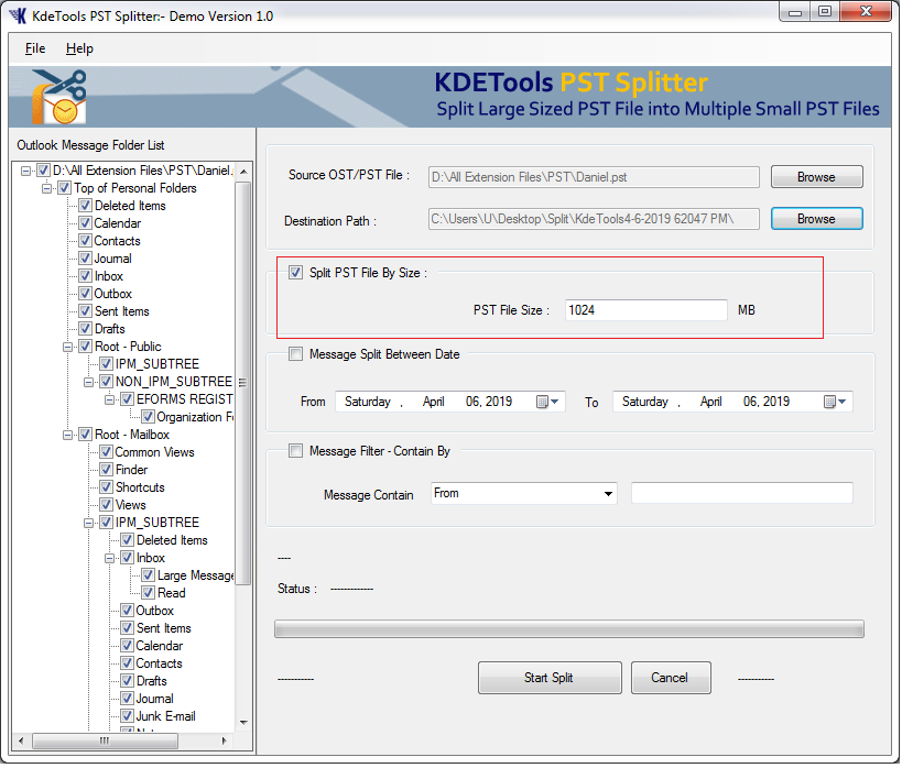 Windows 7 KDETools PST Splitter 1.0 full