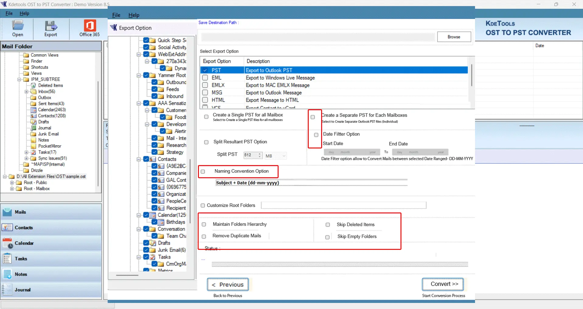 KDETools OST to PST Converter screenshot: Export Option - Advance Settings