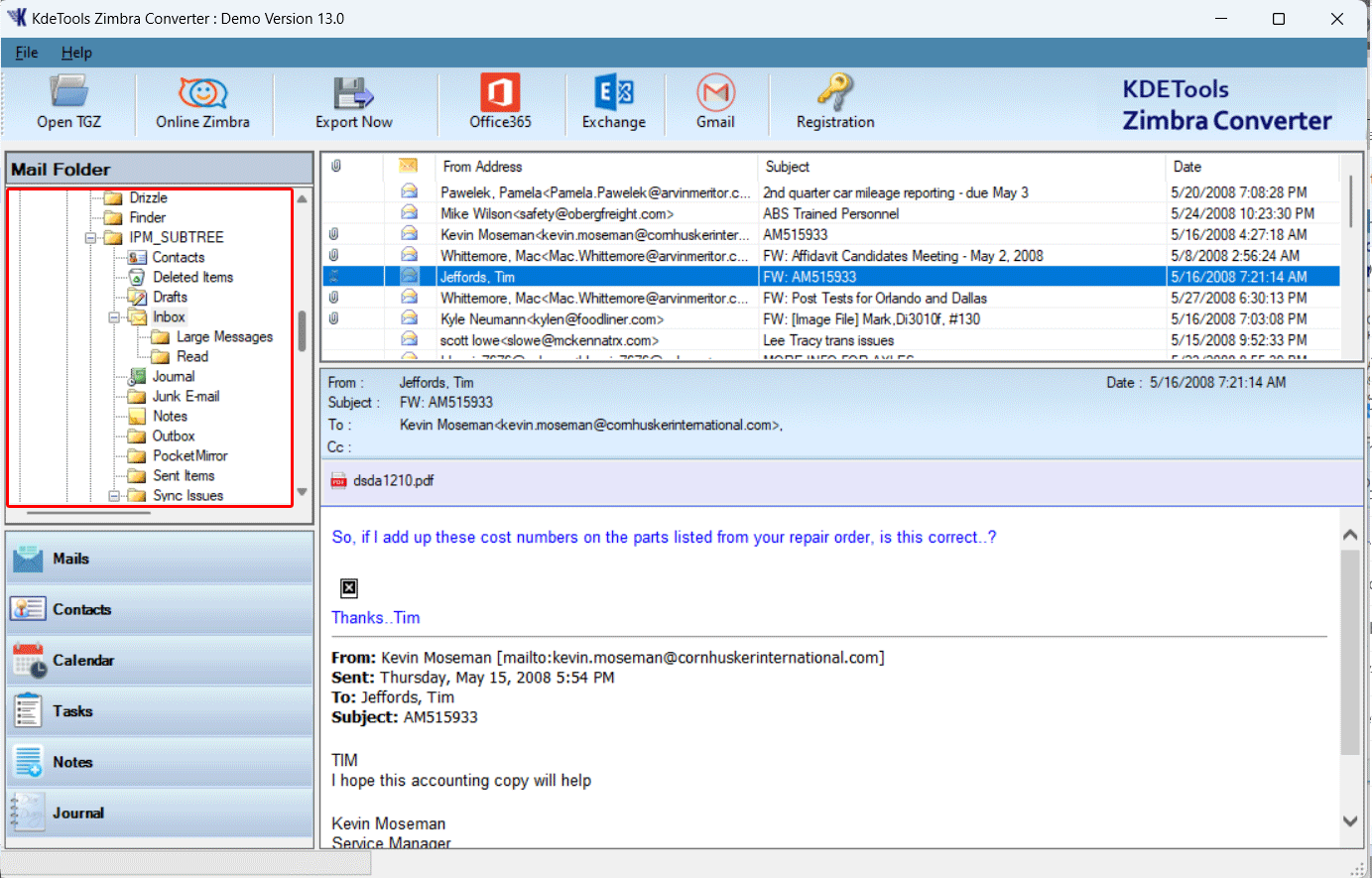 Zimbra TGZ File Preview