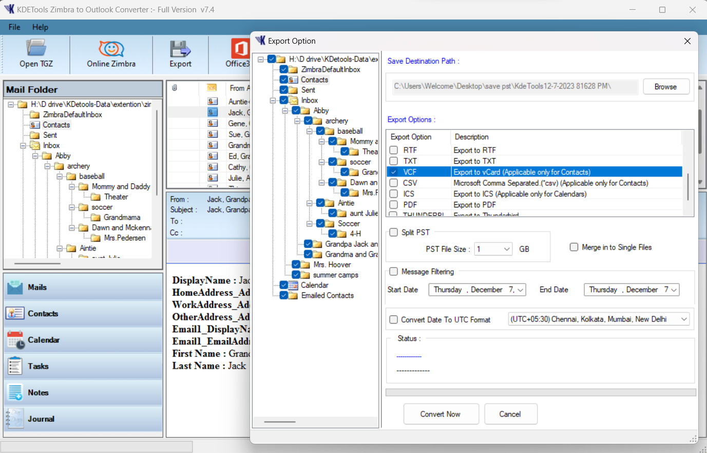Zimbra contacts to vcard