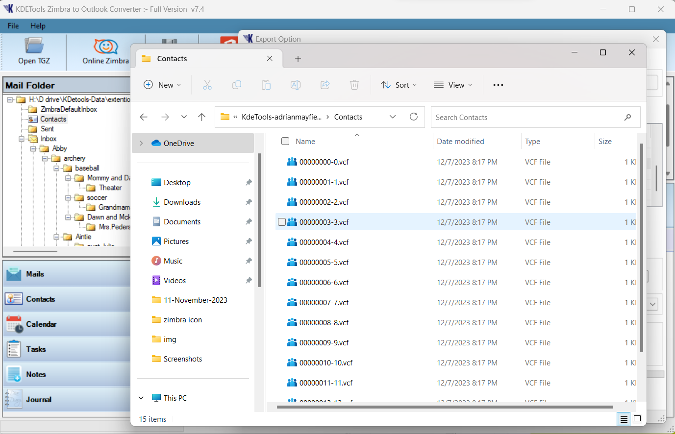 Zimbra contacts to vcard